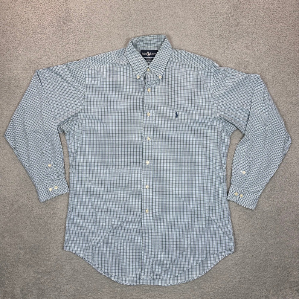 Ralph Lauren Yarmouth Mens 15.5 34/35 Blue Green Check Cotton Button Down Shirt